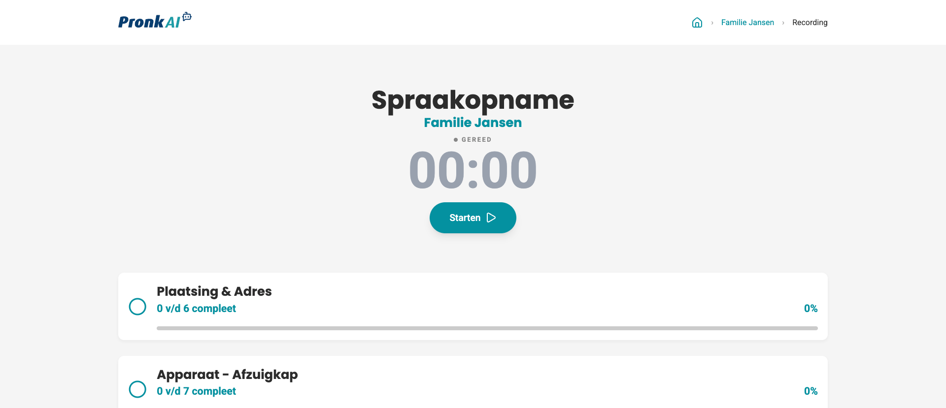 Opnamescherm van PronkAI met de voortgang per checklistonderdeel