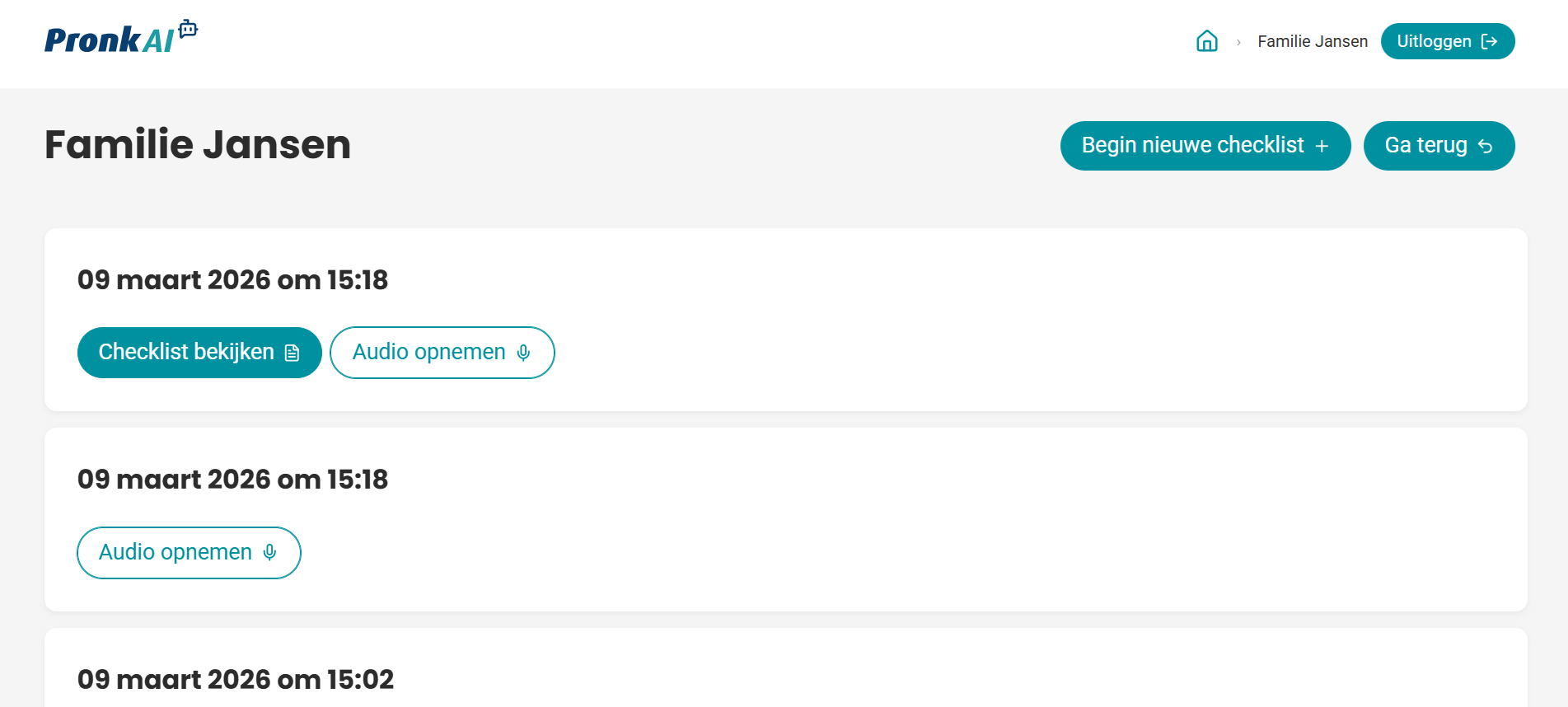 Klantoverzicht in PronkAI met eerdere checklists en audio-opnames