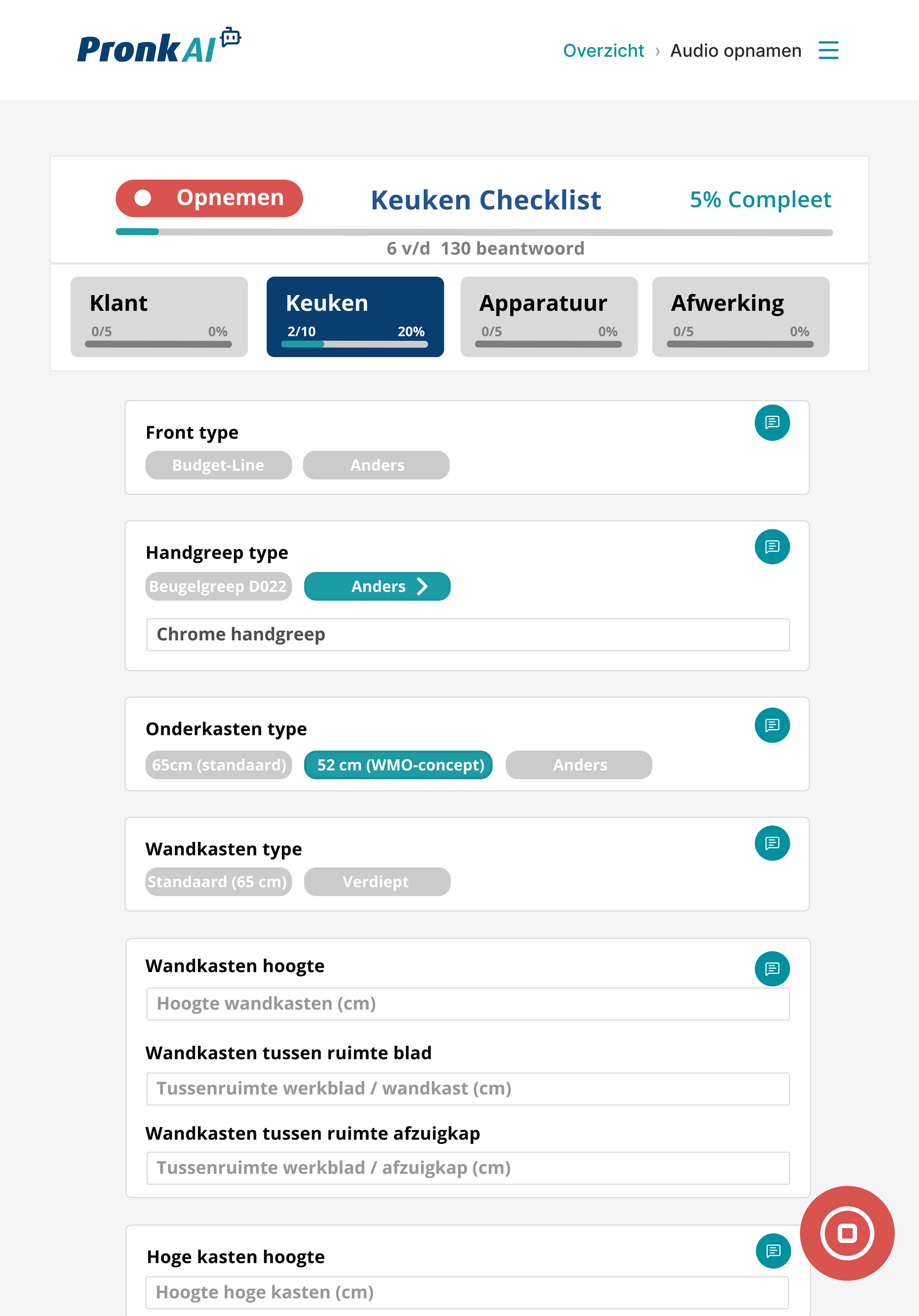 Mobiele weergave van een PronkAI-checklist tijdens een opname