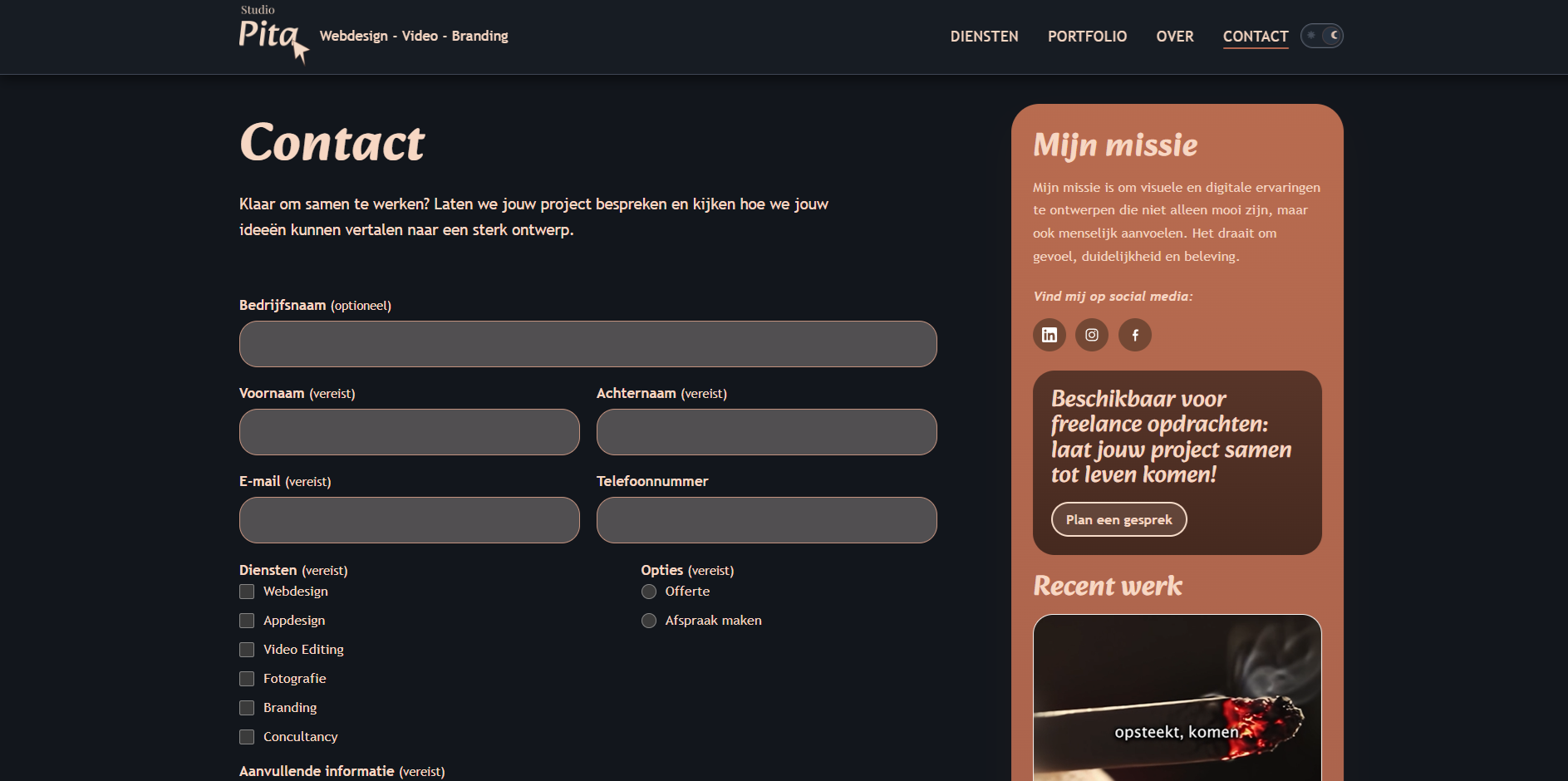 StudioPita dark-mode contact page with a form, mission, and recent work