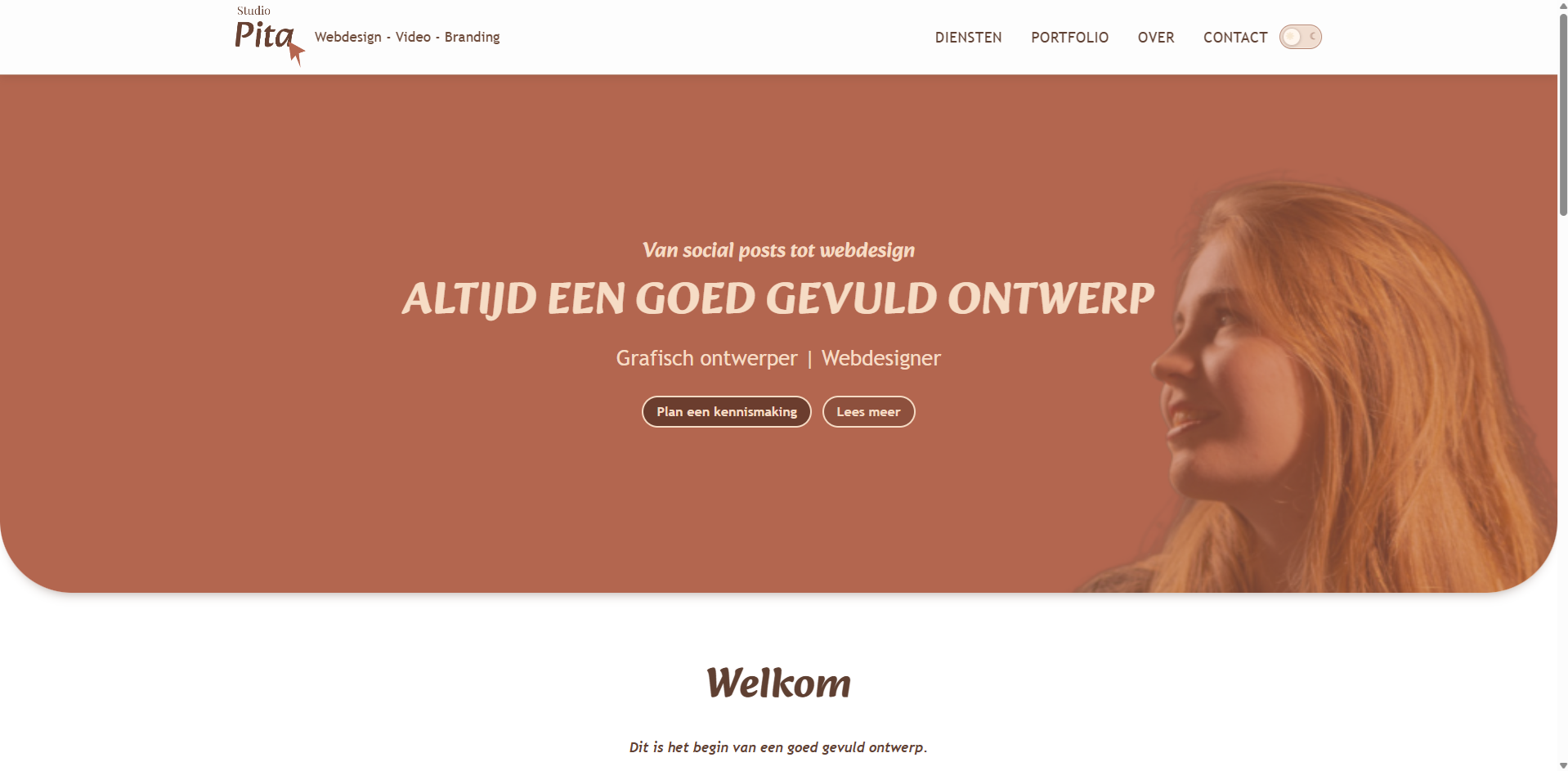 StudioPita homepage with its warm rust-coloured identity and a portrait of the designer