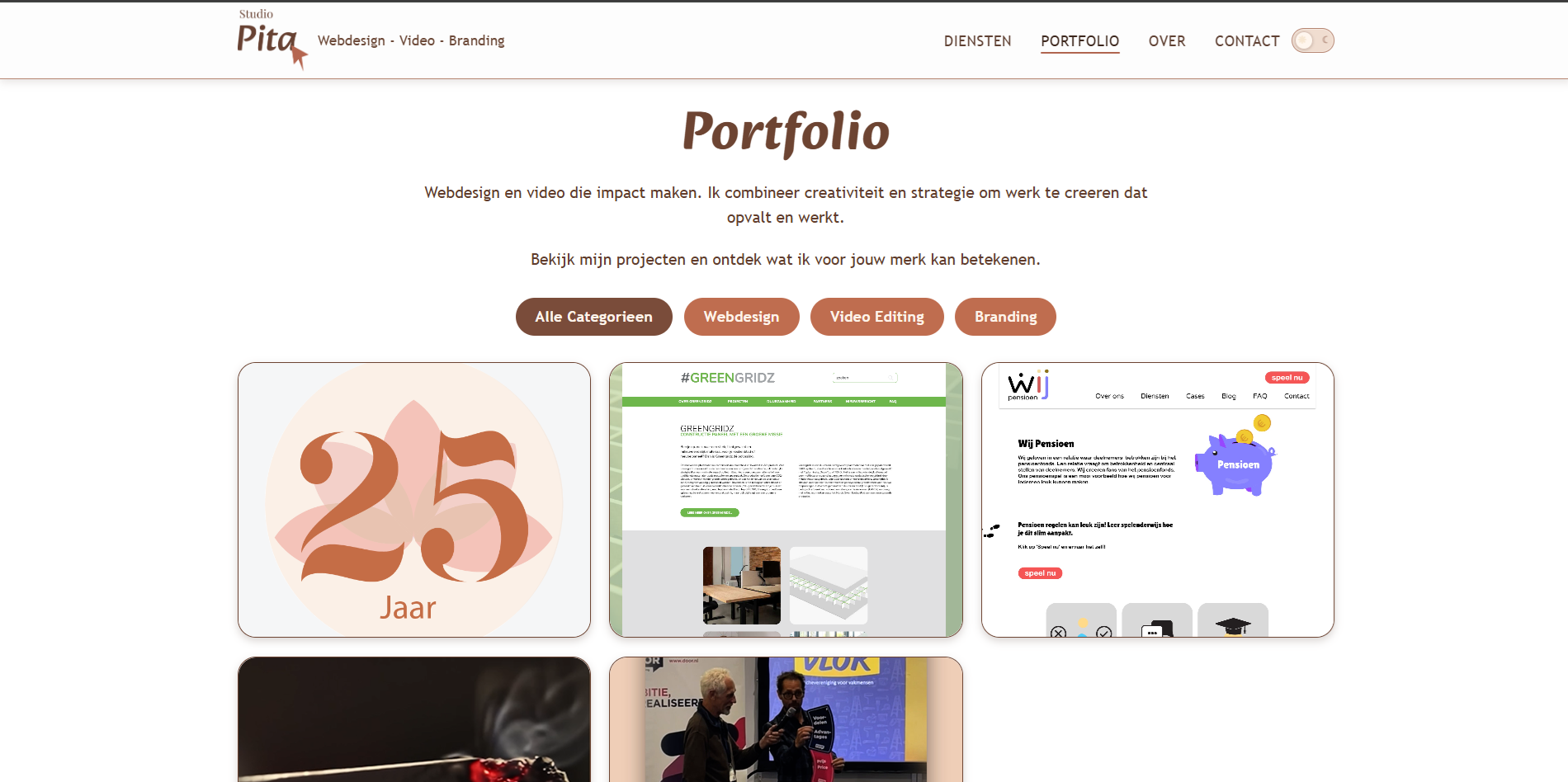 StudioPita portfolio overview with filters and a range of design projects