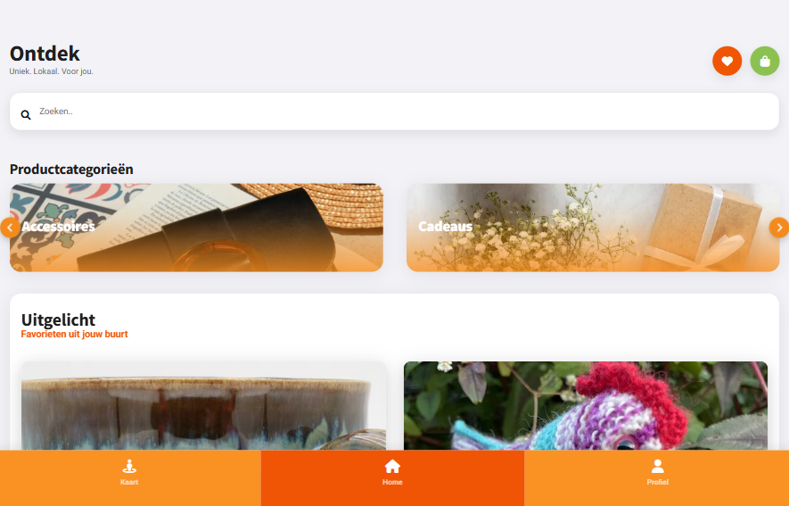 Ubivendo-startscherm met lokale productcategorieën en uitgelichte makers