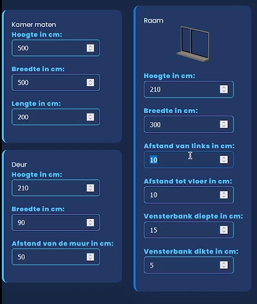 Mobiele configuratie-interface voor kamer-, deur- en raamafmetingen