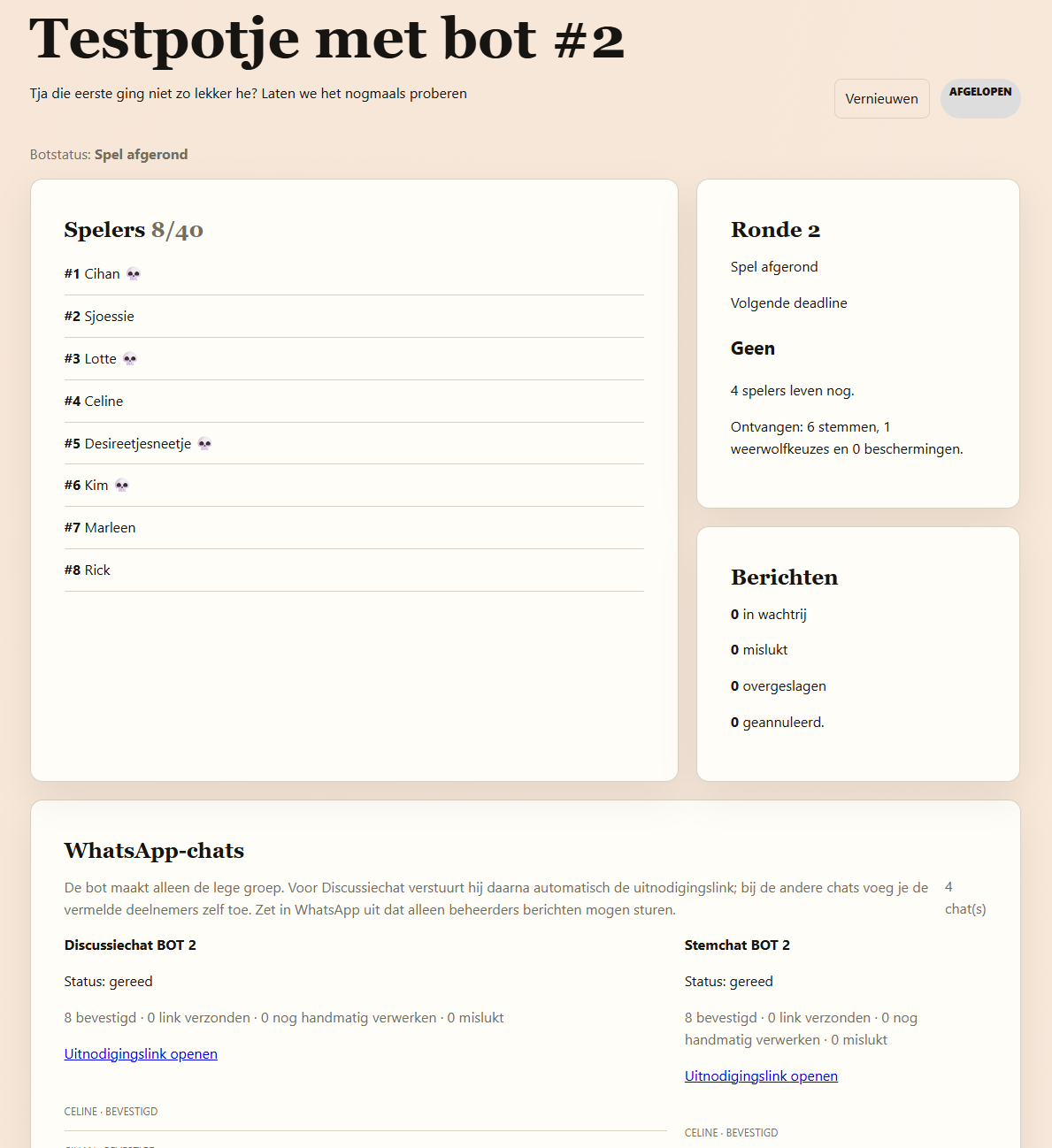 Beheeroverzicht van een afgelopen Weerwolfspel met spelers, ronde en berichtstatussen