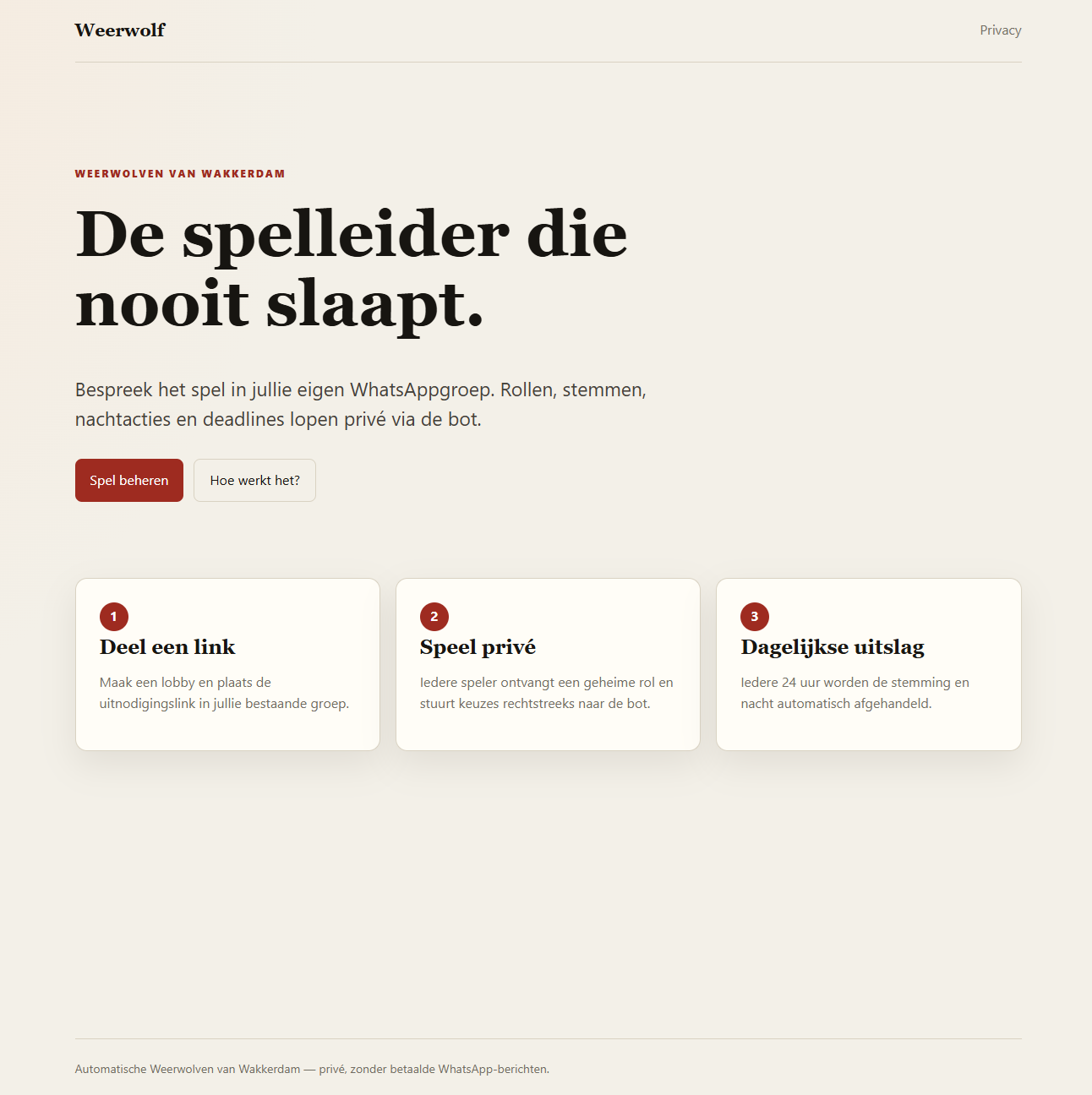 Startpagina van Weerwolfbot met uitleg over het aanmaken en spelen van een privéspel