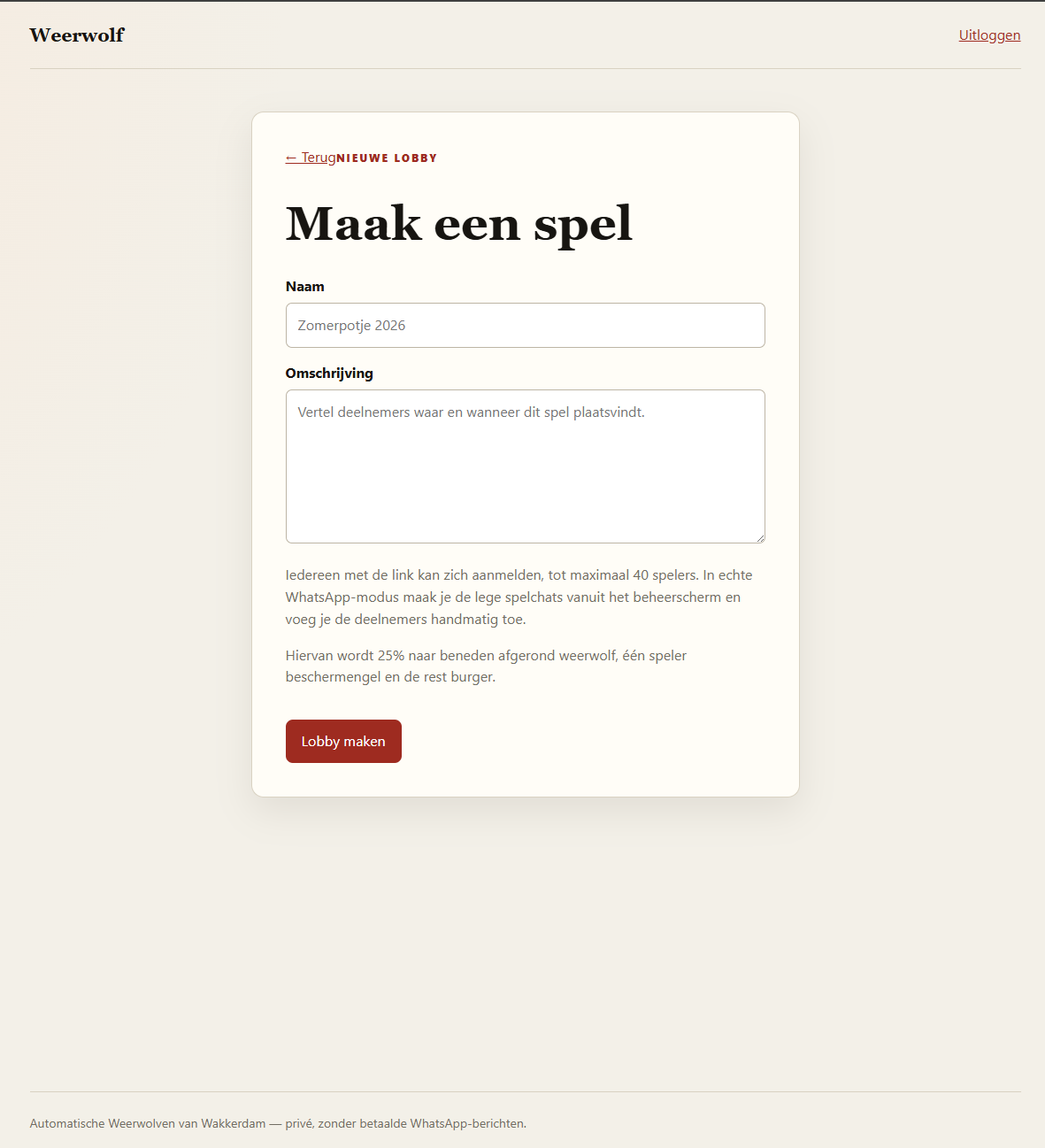 Formulier om een nieuw Weerwolfspel en een lobby aan te maken
