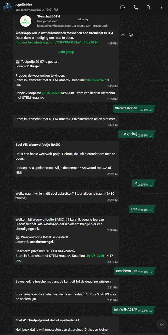 WhatsApp-gesprek met Weerwolfbot over rollen, stemmingen en bescherming